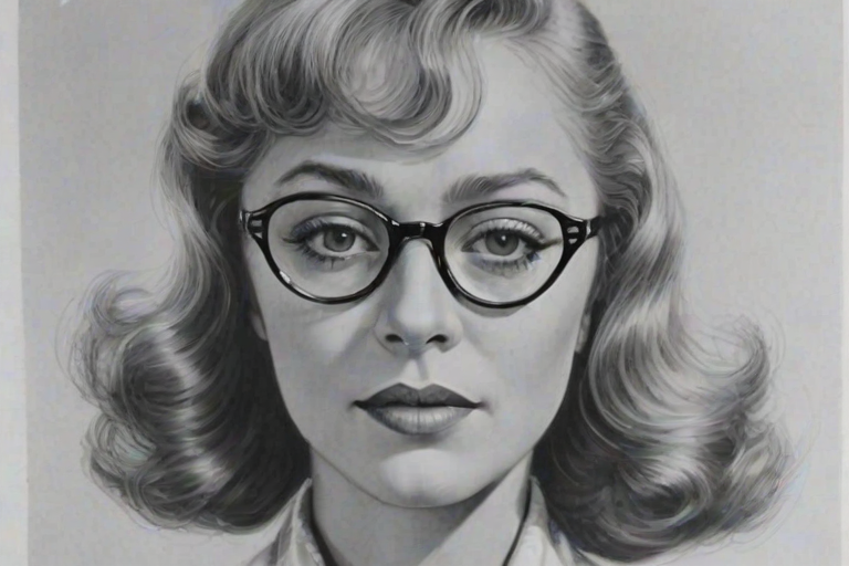 Fetching Glynis Johns, pencil sketch, portrait of Sublime woman 1922s in glasses, hair style beatnik, outline, clear lines, fine lines, 8k