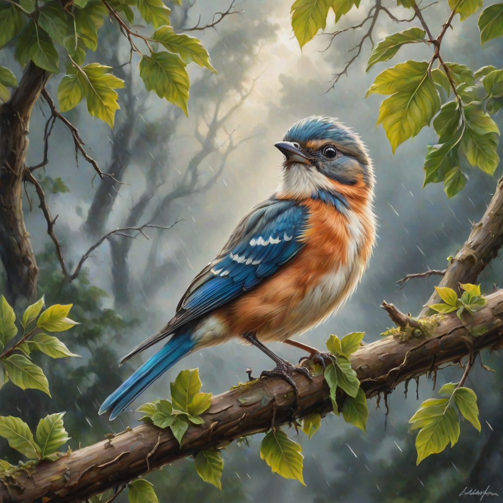 airbrushed oil painting,  a cute little bird, sitting on a branch with lush leaves, startled eyes, his feathers ruffled and blown up, leaves in the air, background bending trees in a forest, storm clouds