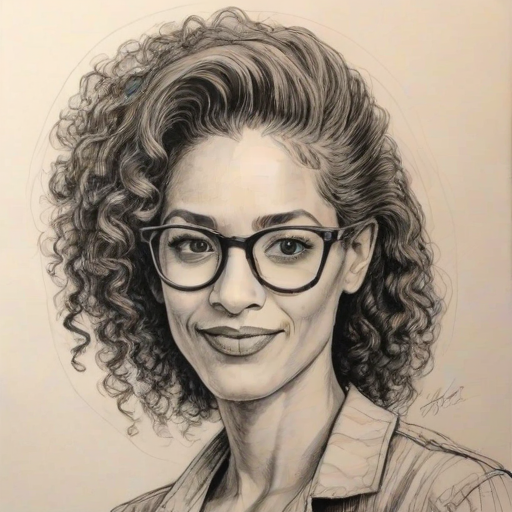 Attractive Carla Hall, pencil sketch, portrait of Beauteous woman 1978s in glasses, hair style beatnik, outline, clear lines, fine lines, 8k