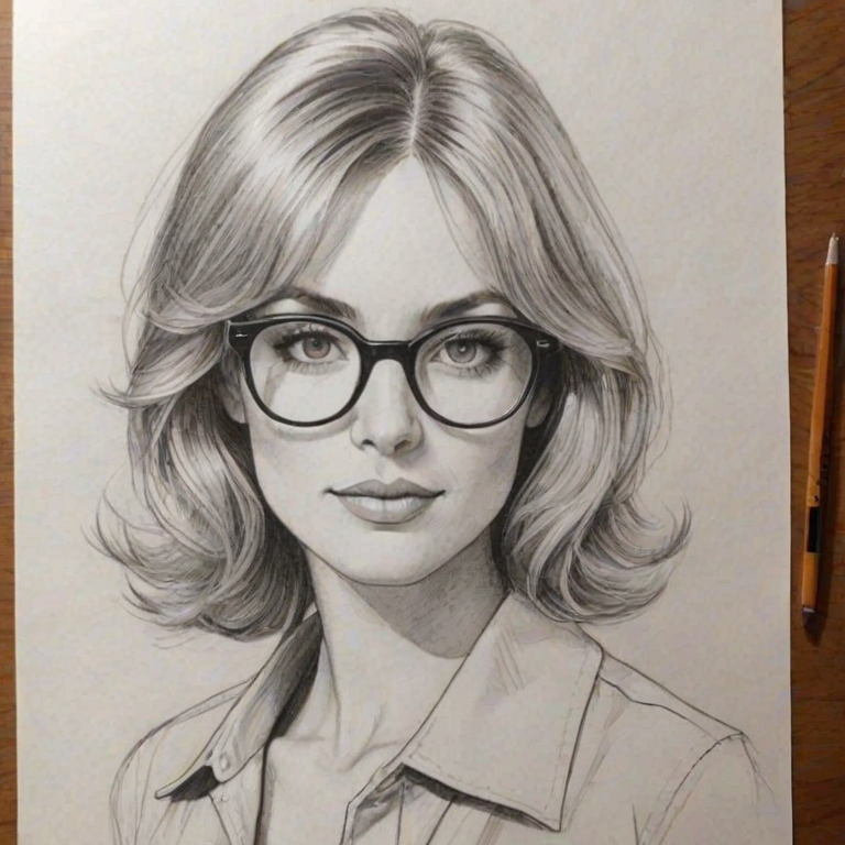 Wonderful Alison Haislip, pencil sketch, portrait of Lovely woman 1970s in glasses, hair style beatnik, outline, clear lines, fine lines, 8k
