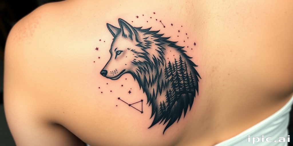 nature-inspired dotwork tattoo featuring a majestic wolf silhouette filled with intricate forest scenes and constellations, gradually fading into the skin for a ethereal effect