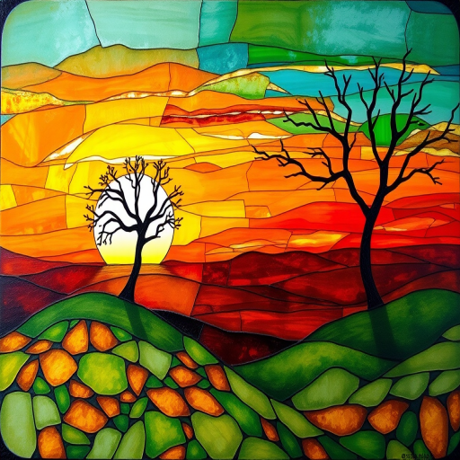 A vibrant abstract painting on Tiffany Glass, blending acrylic and alcohol ink techniques, captures a dramatic sunset over rolling hills. The artwork features a textured, rocky foreground in green and brown, layered abstract hills, and a striking sunset in rich oranges, yellows, and reds. A solitary black tree with intricate branches contrasts against the fiery sky, creating a dynamic and expressive portrayal of a breathtaking natural scene.