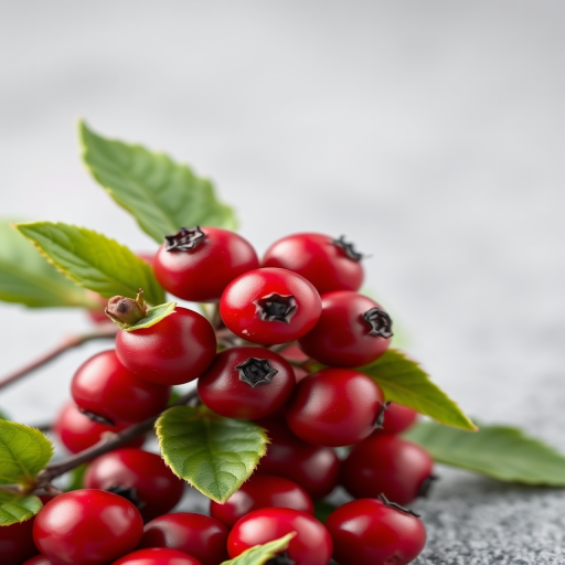 create a high-resolution image of a cluster of glossy red cranberries with vibrant green leaves on a soft gray gradient background, using a Canon EOS R5 camera, aperture f/2.8, shutter speed 1/125s, ISO 100, macro lens, soft focus style