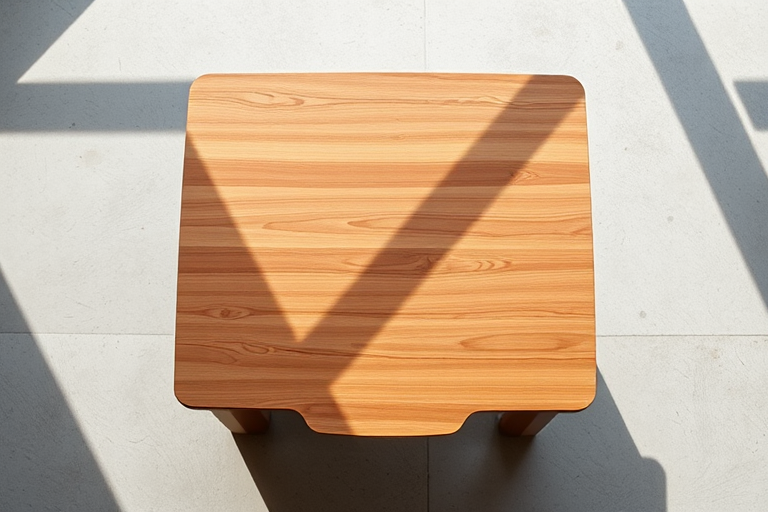 Create a high-resolution image of a modern, minimalistic table with a sleek design, shot in natural light using a DSLR camera at f/2.8, ISO 100, 50mm lens, top-down view to emphasize the table's features and textures.