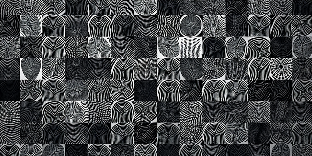 Create a high-resolution image of a grid made up of various black and gray fingerprint-like patterns, using a Canon EOS R5 camera with a 50mm lens, set to f/8 aperture, ISO 100, and a soft diffused lighting setup for enhanced texture and contrast.