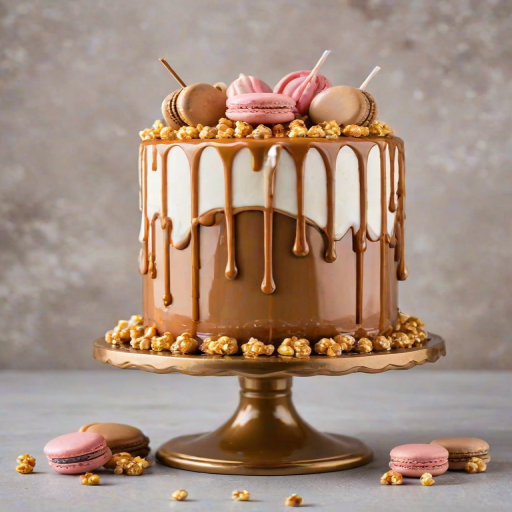 Create an image of a beautifully decorated cake featuring a glossy caramel glaze dripping down the sides. The top should be adorned with an assortment of treats, including macarons, chocolate pieces, and caramel popcorn. The background should have a soft, neutral tone to highlight the cake's vibrant colors.