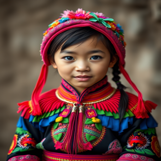 A beautiful Miao girl, wearing colorful bird clothing with vibrant colors