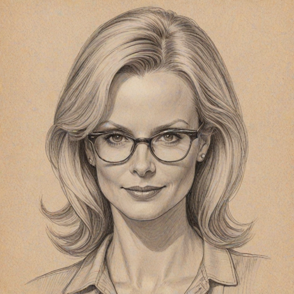 Superb Monica Potter, pencil sketch, portrait of Superb woman 1947s in glasses, hair style beatnik, outline, clear lines, fine lines, 8k