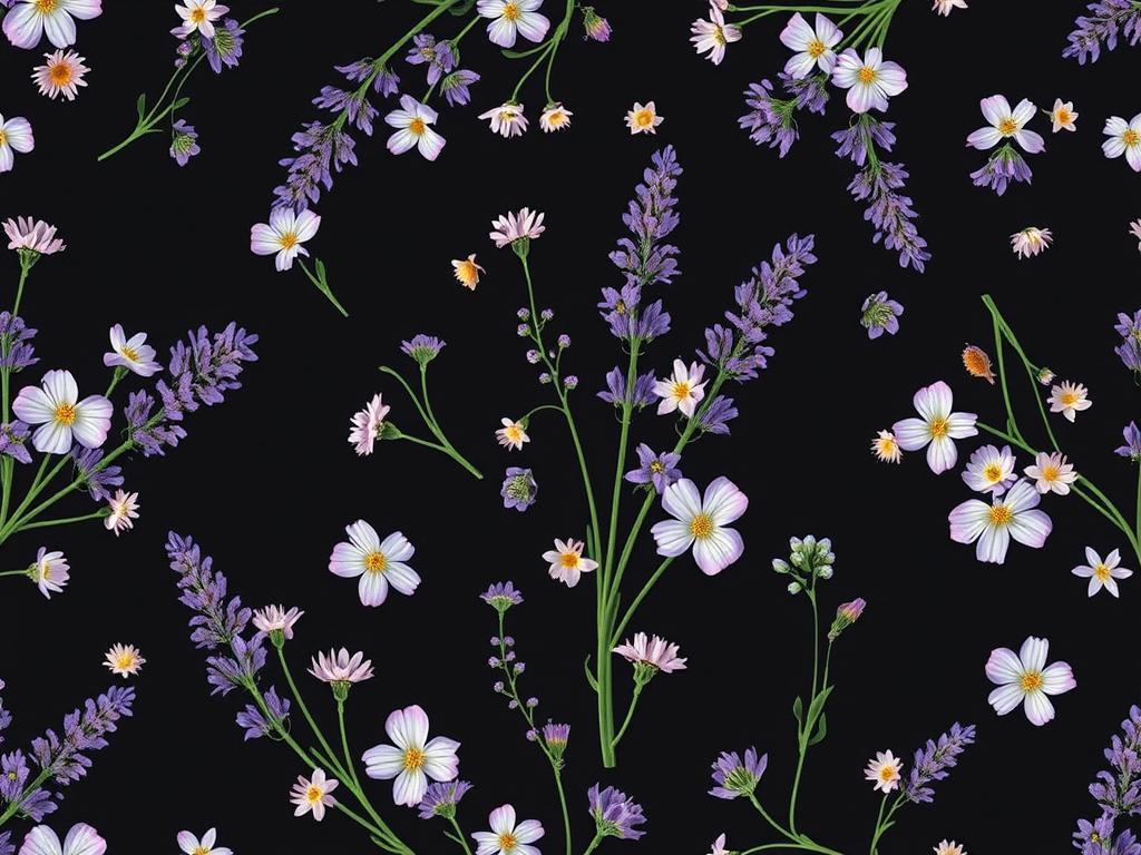 Create a seamless floral pattern featuring lavender and small flowers on a dark background, captured with a Canon EOS R5, 50mm lens, f/2.8 aperture, ISO 100, and soft natural lighting for enhanced detail and clarity.