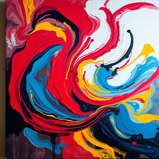 Create an abstract painting featuring vibrant swirling colors of red, blue, yellow, and black on a large canvas with a high dynamic range, using a DSLR camera at f/8, ISO 100, with a 50mm lens shot from a straight-on angle to capture detail and depth.
