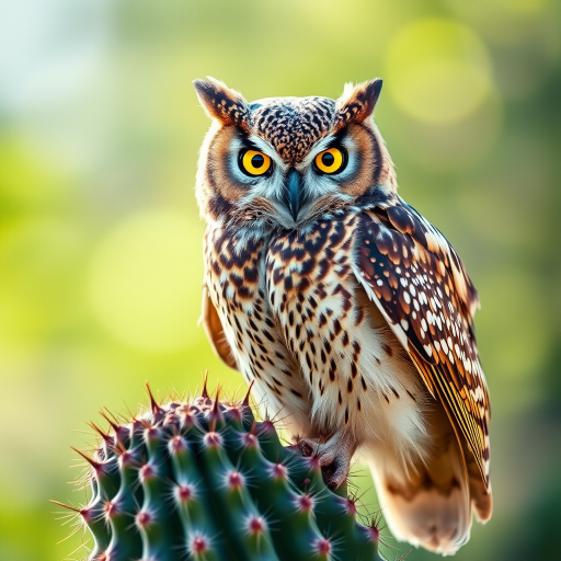 Generate an image of a majestic owl perched on a cactus. The owl should have striking yellow eyes and intricate feather patterns, showcasing a mix of browns and whites. The background should be softly blurred to emphasize the owl, capturing a bright and natural setting.
