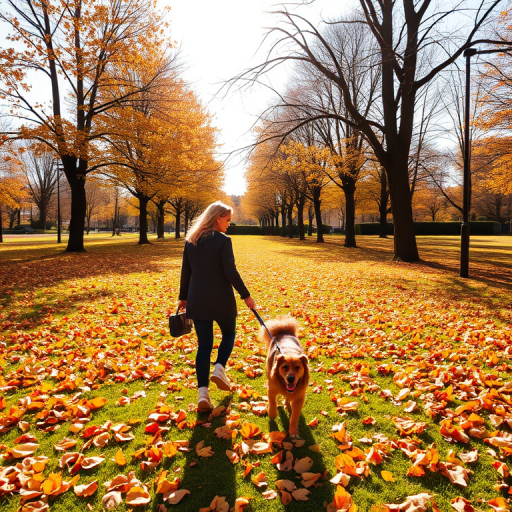 Bright autumn day in a park, the ground covered in golden leaves, a woman walking her dog, the two of them enjoying the crisp, cool air.