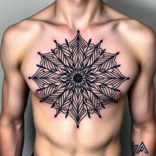 Striking geometric blackwork tattoo named "Sacred Symmetry" featuring precise lines and shapes forming a complex mandala-inspired design, representing balance and harmony as a chest piece