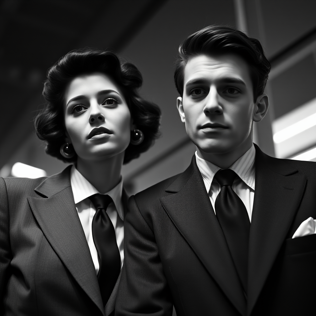 Black-and-white photograph, couple, tailored suits, retro hairstyles, film noir style, Tilt the camera for a dynamic Dutch angle using a versatile 24-70mm lens
