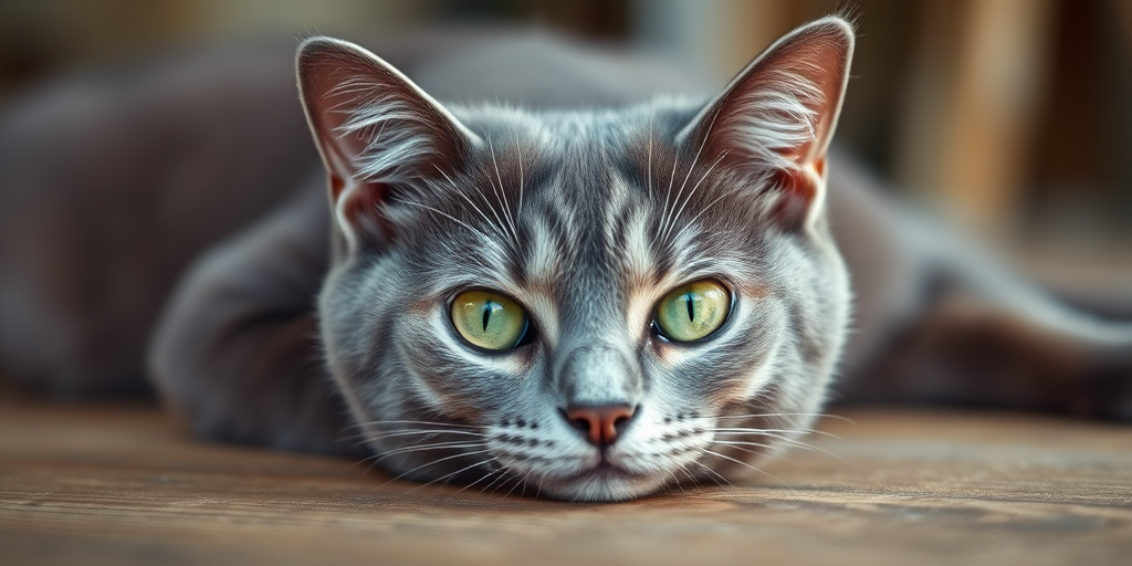 A close-up shot of a gray cat lying on a wooden surface, with bright green eyes looking curiously at the camera, shallow depth of field, 50mm lens, aperture f/1.8, ISO 200, natural lighting, soft focus background, high resolution.