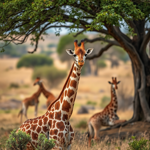 Giraffes resting under trees in a savanna landscape, captured with a Canon EOS 5D Mark IV, 70mm lens, aperture f/2.8, ISO 100, natural light, shallow depth of field for enhanced focus on the foreground giraffe.