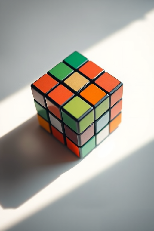 Generate a high-resolution image of a Rubik's Cube in an artistic arrangement with soft shadows, using a DSLR camera at f/2.8, 50mm lens, 1/200s shutter speed, ISO 100, top-down view, with natural lighting and enhanced colors for improved clarity.