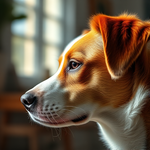 a close-up profile shot of a beautiful dog with brown and white fur, soft natural lighting, 50mm lens, f/1.8 aperture, ISO 100, shallow depth of field, DSLR camera, indoor setting, focus on the dog's face with a blurred background