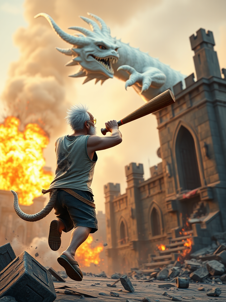 Cartoon 3D High-Resolution,dynamic battle scene using Unreal Engine 5 and Octane Render. The scene features back of an elderly, thai man with a beard,messy hair and round golden-rimmed glasses. He is wearing a tattered tank top with soot marks, shorts, and sandals. sweating. he wields a baseball bat. He jump to fight with a white fire-breathing Europe dragon amidst a partially destroyed stone castle. Include intense flames, smoke, and debris to enhance the dramatic effect.