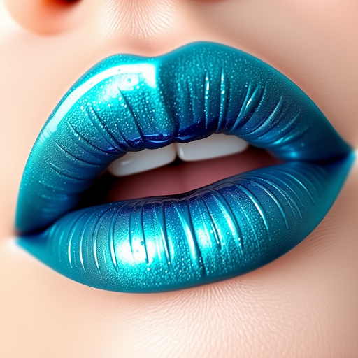 Shimmering turquoise lips with a duochrome effect, christened "Mermaid's Kiss," offering a color-shifting finish and oceanic inspiration for unique makeup