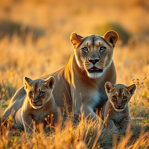 A lioness with three cubs in a golden grass landscape, soft evening light, close-up view, DSLR camera, f/2.8 aperture, 50mm lens, ISO 200, 1/500 sec shutter speed, vibrant colors and high detail.