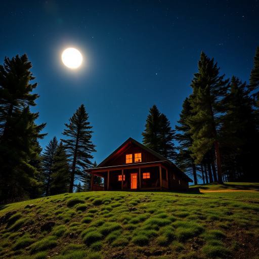 Regenerate an image of a cozy cabin on a hill at night with a full moon overhead, surrounded by tall pine trees and a starry sky, using a DSLR camera with 50mm lens, f/1.8 aperture, ISO 800, and a shutter speed of 15 seconds for a long exposure effect, capturing vibrant colors and sharp details.
