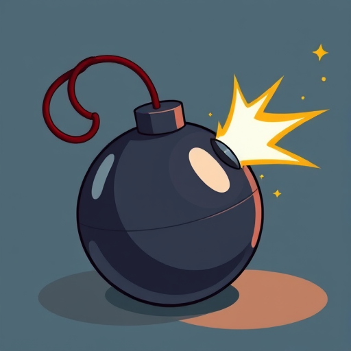 Create a high-resolution cartoon bomb with a fuse and spark, shot with a DSLR camera at f/8 aperture, 50mm lens, ISO 100, natural lighting, top-down view, and vibrant colors for clarity and detail.