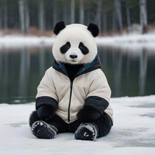 The image is a high-resolution photograph of a charming panda named Huahua, depicted sitting on the frozen surface of a serene lake in Finland. Huahua has her distinctive black and white fur, and she is dressed in a cozy winter outfit, complete with a thick parka, snow boots, and a warm hat with ear flaps. The outfit is detailed with fur lining and bright, contrasting colors, adding warmth and vibrancy to the cold setting.
