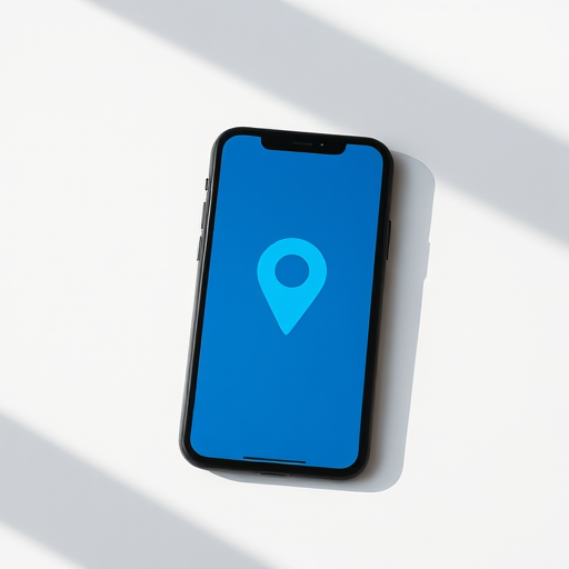 Create a high-resolution image of a smartphone screen displaying a blue location pin icon on a minimalistic background, using a Canon EOS R6 with an aperture of f/2.8, shutter speed of 1/125s, ISO 100, shot in portrait orientation with a shallow depth of field and soft natural lighting.