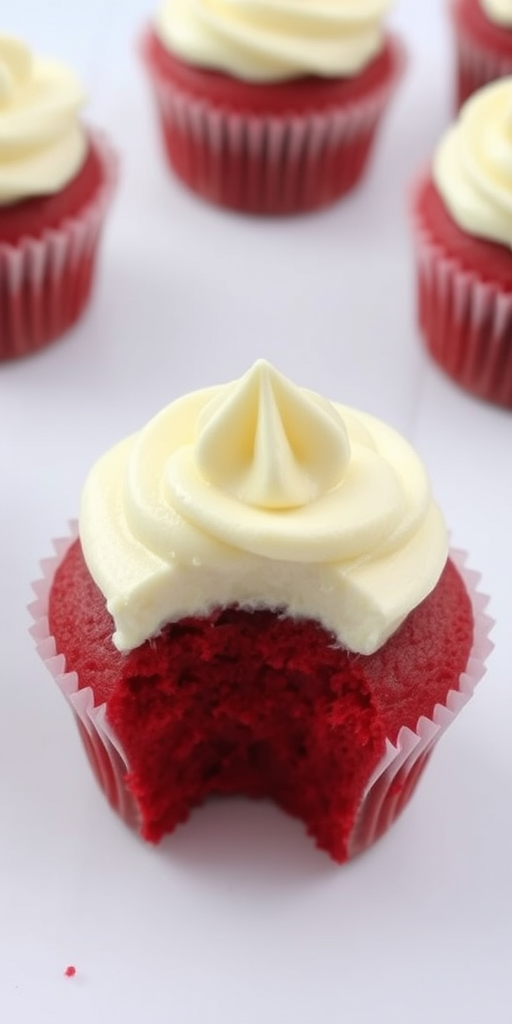Red velvet cupcakes with cream cheese frosting arranged on a white background one cupcake has a bite taken out of it showing the moist red interior and fluffy frosting on top.