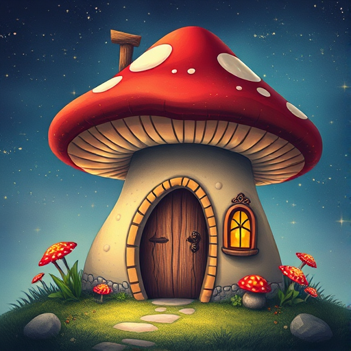 create illustration of a mushroom house with a door and a window, a storybook , fantasy art, mushroom house, bg starry sky, sparkles