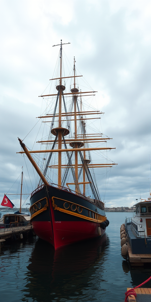 regenerate an image of a classic tall ship docked in a harbor under a cloudy sky, using a DSLR camera with an aperture of f/8, shutter speed of 1/250s, ISO 200, shot at a 35mm focal length, in a slightly elevated angle for a panoramic view to enhance depth and detail