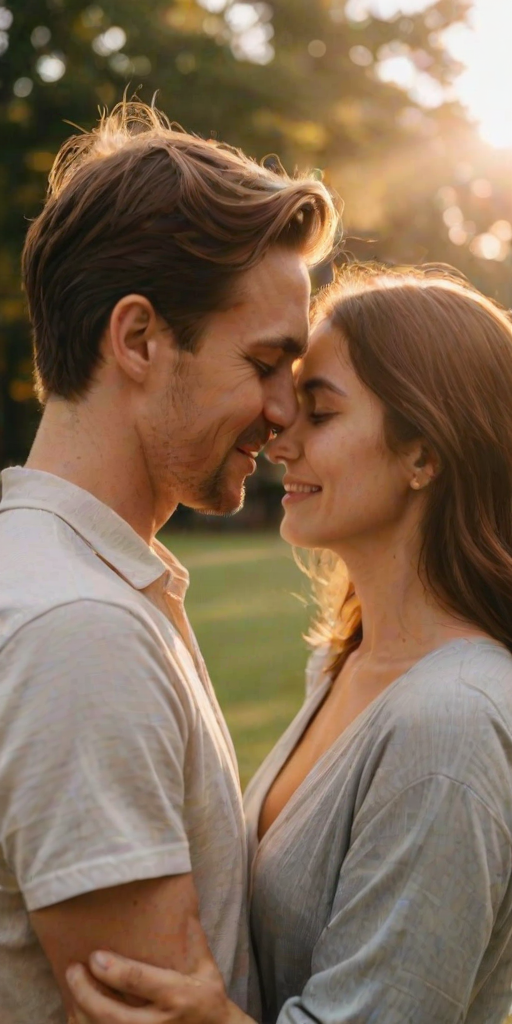 Blurry candid shot of a couple sharing a tender moment at a park during golden hour, with the sun setting behind them and soft light casting warm hues on their faces.