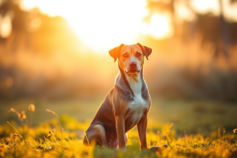 Create a high-resolution image of a brown and black spotted dog sitting proudly in a sunlit grassy area during golden hour, using a DSLR camera with a 50mm lens, aperture at f/1.8, shutter speed of 1/200s, ISO 100, capturing a shallow depth of field to enhance the background blur.
