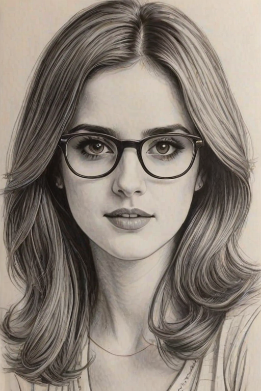 Appealing Laura Marano, pencil sketch, portrait of Beauteous woman 1974s in glasses, hair style beatnik, outline, clear lines, fine lines, 8k