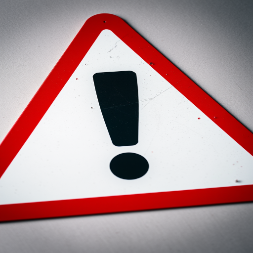 Create a high-resolution image of a red and white triangular warning sign with a black exclamation mark in the center, captured with a DSLR camera at f/8 aperture, ISO 100, 24mm focal length, utilizing a flat lay perspective to emphasize color contrast and detail.