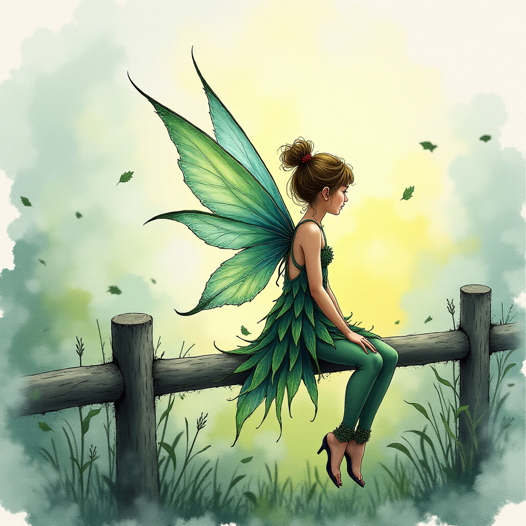 create an image of a fairy from behind sitting on a  fence watercolour and alcohol inks