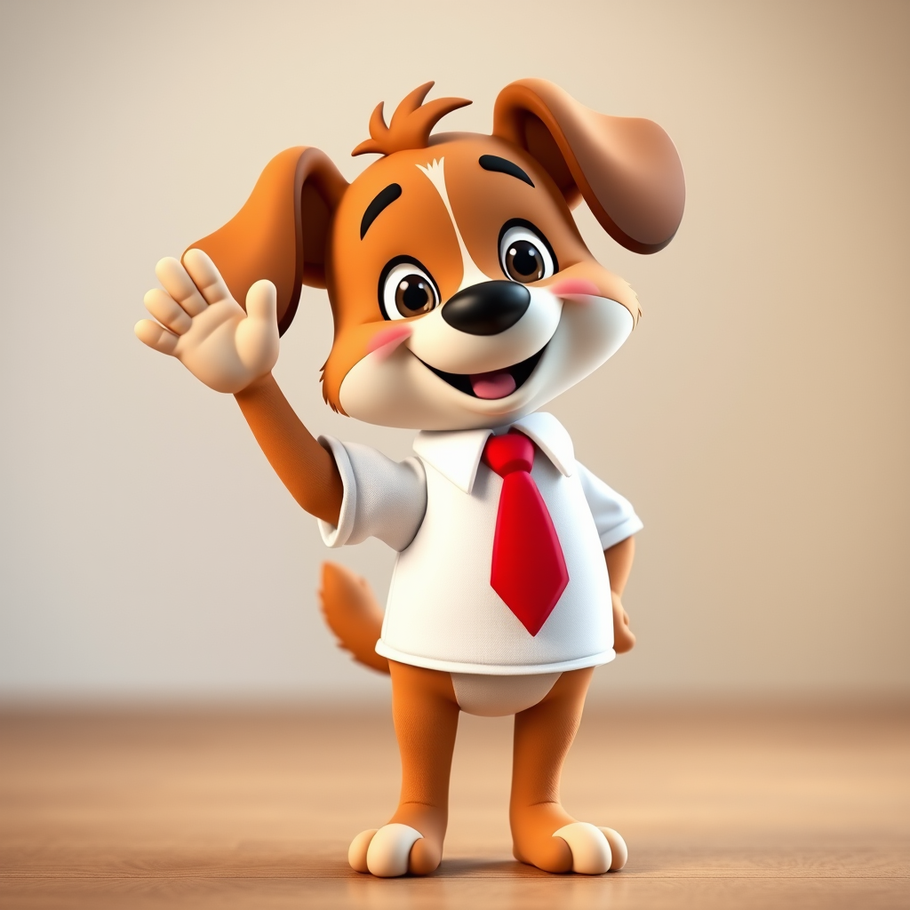 Create a high-resolution image of a happy cartoon dog with brown fur, wearing a white shirt and red tie, standing on two legs with a friendly wave, captured in bright colors, using a Canon EOS R5 camera with a 50mm lens, f/2.8 aperture, ISO 100, and a soft focus background for depth.