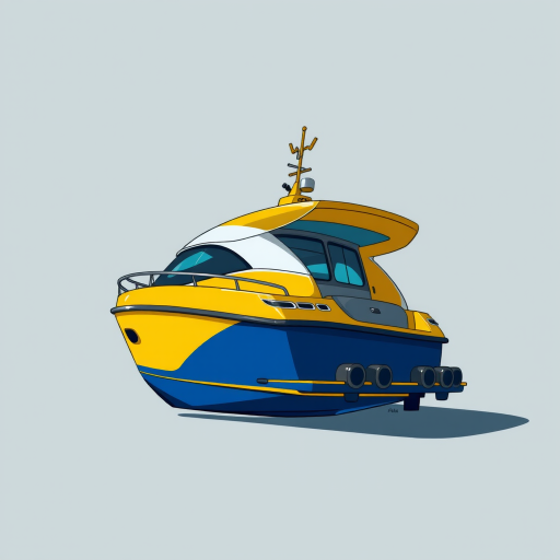 Create a high-resolution illustration of a modern boat with a yellow and blue color scheme, viewed from the side, using a digital art style, 300 DPI, with a focus on clean lines and vibrant colors.