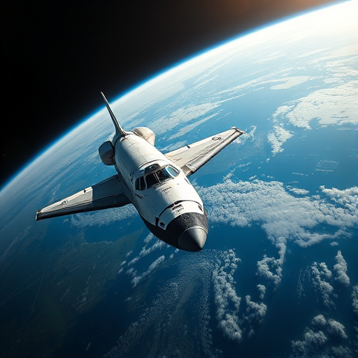 capture a high-resolution image of a space shuttle orbiting Earth featuring a wide-angle view, natural lighting, with an aperture of f/8, ISO 100, and a shutter speed of 1/200s using a DSLR camera style