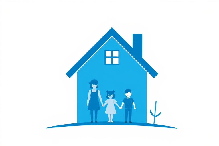 Generate a high-quality illustration of a simple blue house icon with a family of four in front, using a soft focus lens, 50mm f/1.8 aperture, natural lighting, and a clean background to enhance clarity and detail.
