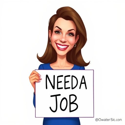 caricature of a smiling Olivia Wilde in a Sapphire dress or suit, holding up a sign that says "NEED A JOB", no watermark,