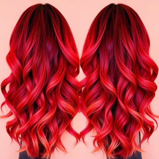 Fiery crimson ombre fades into warm coral tips, styled in voluminous beach waves that evoke the image of a breathtaking sunset, radiating warmth and passion.