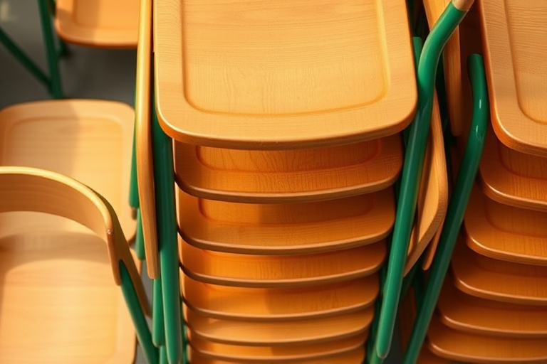 Create an image of stacked wooden folding chairs with green metal frames, taken with a DSLR camera at f/2.8 aperture, ISO 100, 50mm lens, in natural light from a top-down angle.