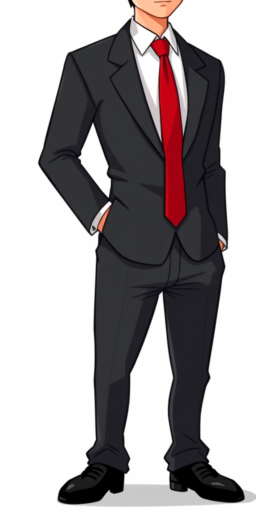 Create a high-resolution cartoon image of a character in a black suit with a red tie, standing confidently with hands in pockets, using a DSLR camera with a 50mm lens, f/2.8 aperture, ISO 100, and soft natural lighting.