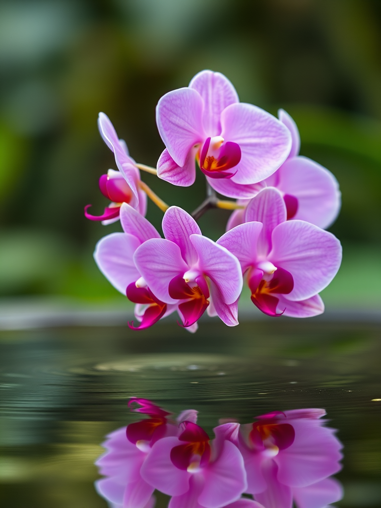 photograph a cluster of pink orchids with soft petals reflected on water, use a macro lens, aperture f/2.8, ISO 100, shutter speed 1/125 sec, natural light, 50mm lens, DSLR camera, focus on the flowers with a blurred background for depth effect