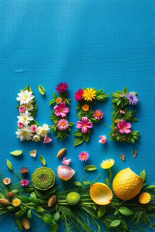 Create an image of the word LIFE, formed with elements of nature like flowers, grass, and leaves, on a textured blue background, captured with a Canon EOS R5, using a 50mm lens, aperture f/2.8, ISO 100, and soft natural lighting.