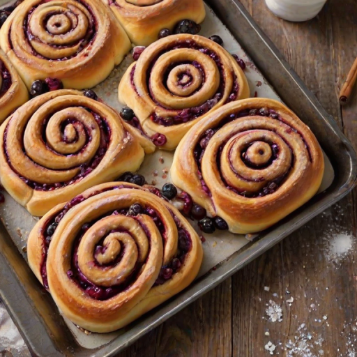 Create an image of freshly baked cinnamon rolls, swirled with a rich berry filling and topped with a dusting of powdered sugar. The rolls should be golden brown and fluffy, arranged neatly on a baking tray with a rustic background.