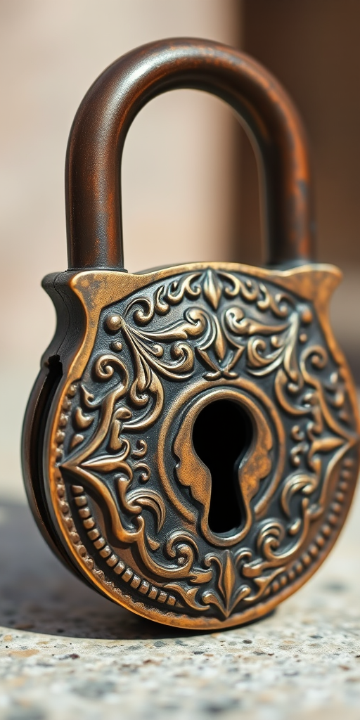 Capture a close-up of an ornate bronze padlock with intricate engravings and a keyhole, using a DSLR camera at f/2.8 aperture, ISO 100, 50mm lens, in natural light to enhance texture and detail.