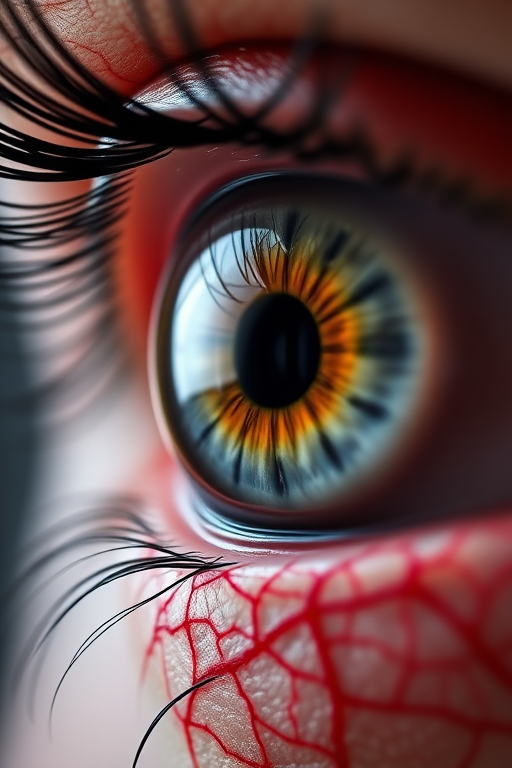 Create a hyper-realistic illustration of a human eye with detailed red veins, close-up view, using a DSLR camera with a 50mm lens, aperture f/1.8, ISO 100, and 1/200 sec shutter speed for enhanced depth and clarity.